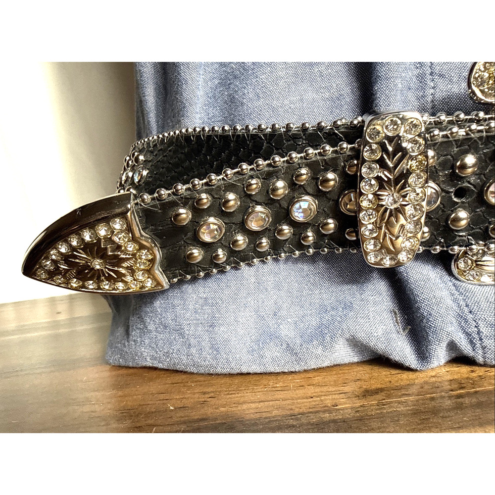 Fancy Bejeweled Cowgirl Belt Leather Black Silver Size M/L Bling Accessory EUC - Picture 3 of 8